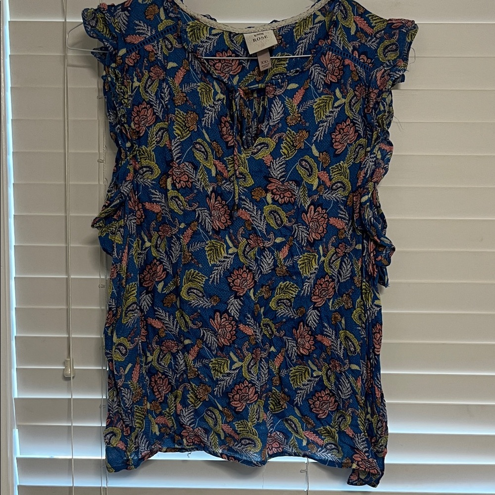 Knox Rose Blue Floral Ruffle Sleeve Blouse
